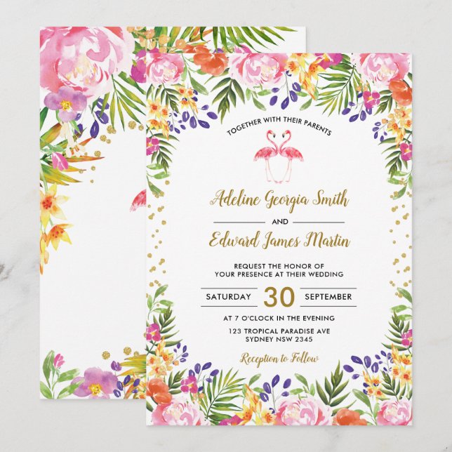 Flamingo Wedding Tropical Floral Palm leaves Gold Invitation (Front/Back)