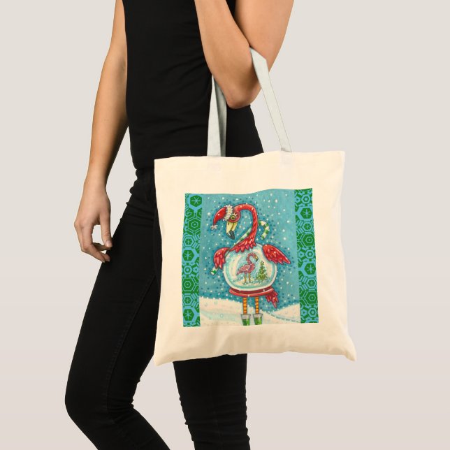 FLAMINGO WHITE CHRISTMAS SNOWGLOBE BUDGET TOTE BAG (Front (Product))