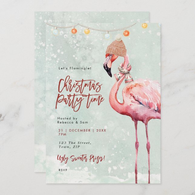 flamingo winter Christmas party invitation (Front/Back)