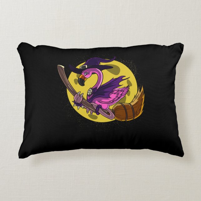 Flamingo Witch Riding Broom Magical Halloween Decorative Cushion (Front)