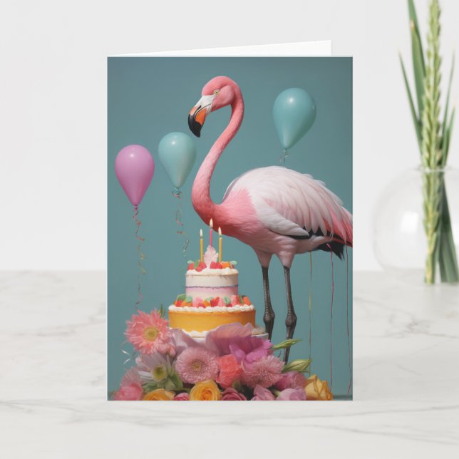 Flamingo with a Birthday Cake - Card (Front)