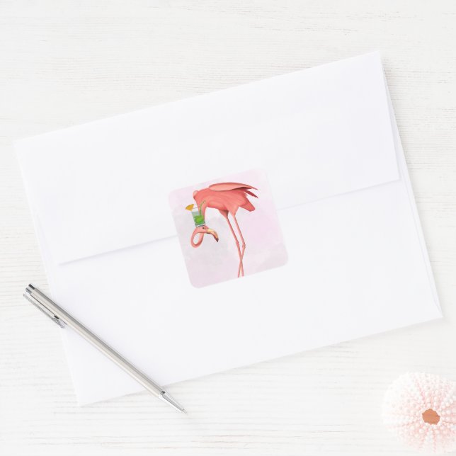 Flamingo with a Cocktail Square Sticker (Envelope)