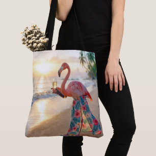 Flamingo With Champagne On a Beach Tote Bag