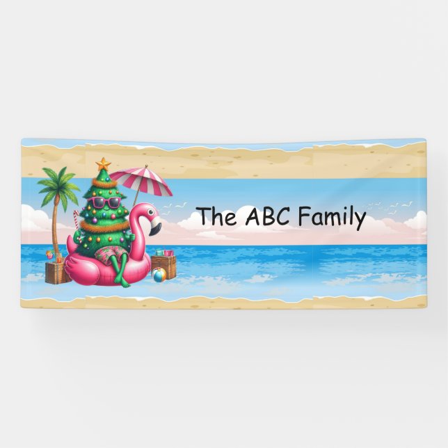 Flamingo with Christmas Tree for Christmas in July Banner (Horizontal)