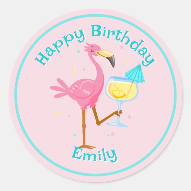 Flamingo with Cocktail Classic Round Sticker (Front)