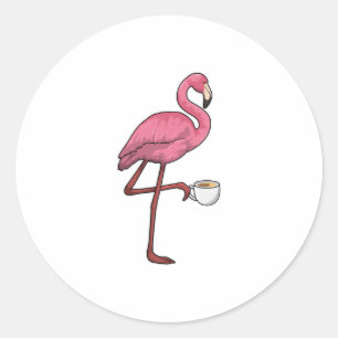 Flamingo with Cup of Coffee Classic Round Sticker