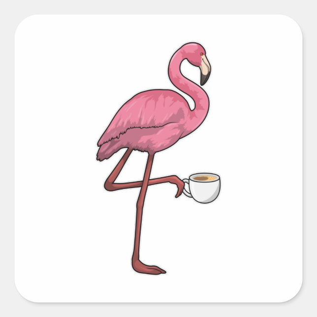 Flamingo with Cup of Coffee Square Sticker (Front)