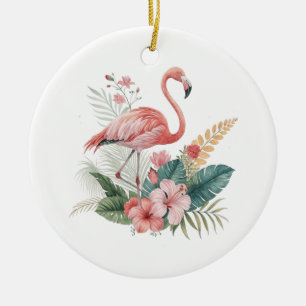 Flamingo With Flowers Ceramic Tree Decoration