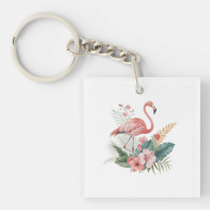 Flamingo With Flowers Key Ring