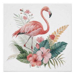 Flamingo With Flowers Poster
