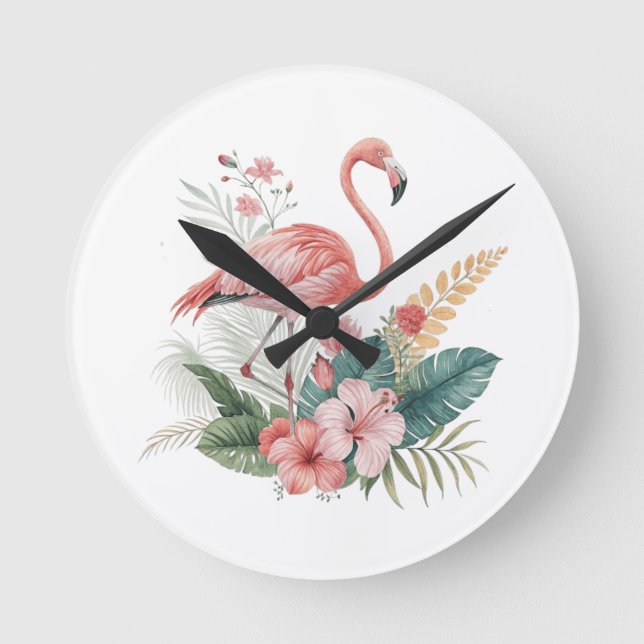 Flamingo With Flowers Round Clock (Front)