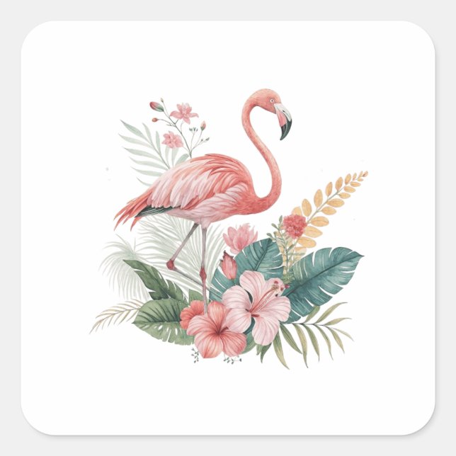 Flamingo With Flowers Square Sticker (Front)