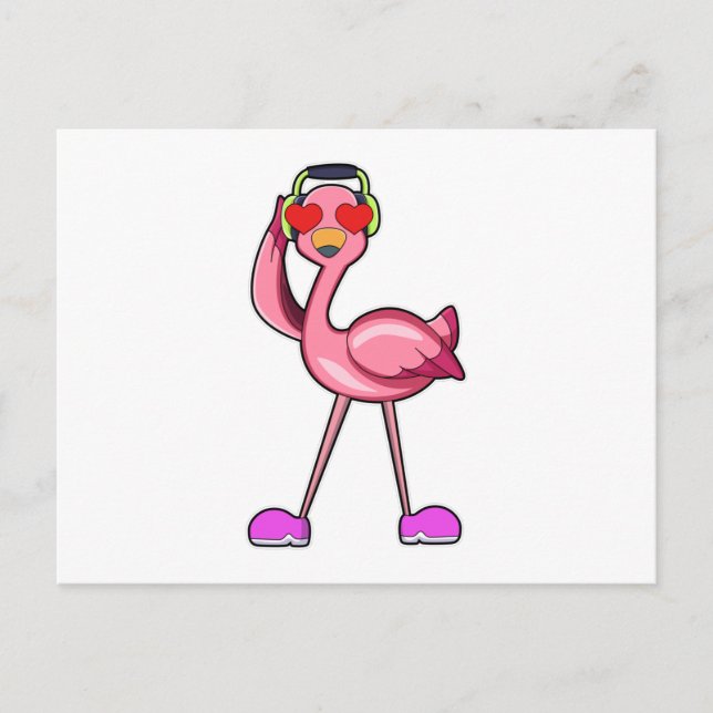 Flamingo with Headphone & Hearts Postcard (Front)