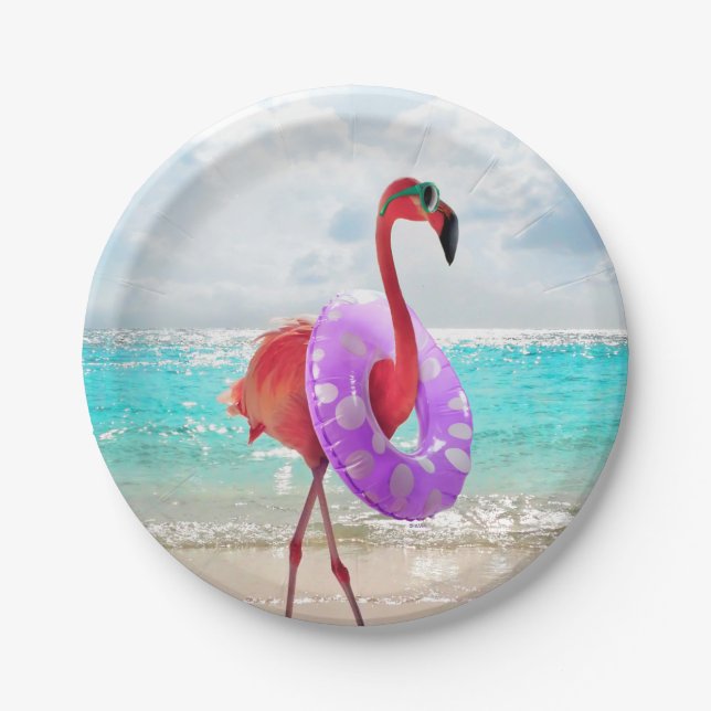 Flamingo With Inner Tube Paper Plate (Front)