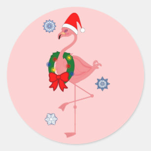 Flamingo with Santa Hat and Wreath Classic Round Sticker