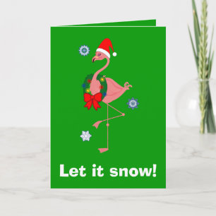 Flamingo with Santa Hat and Wreath on Green Holiday Card