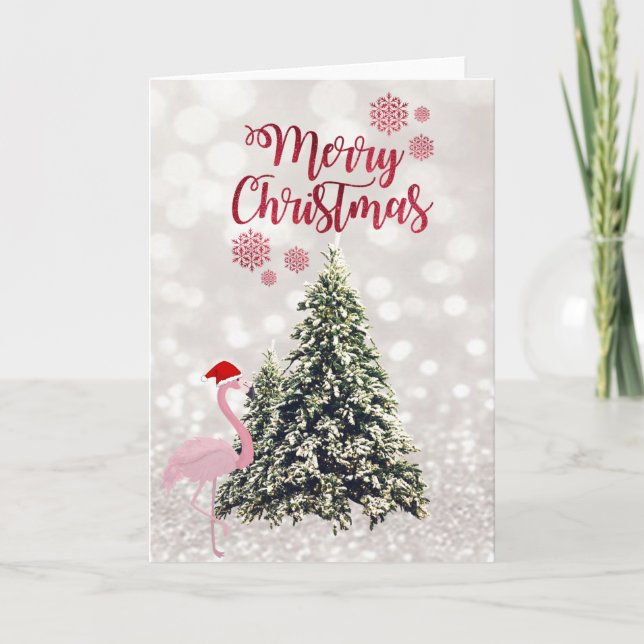 Flamingo With Santa Hat,Pine Trees,Glittery Bokeh Holiday Card (Front)