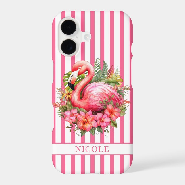 Flamingo with Tropical Flowers on Stripes (Back)