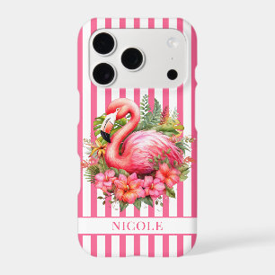 Flamingo with Tropical Flowers on Stripes