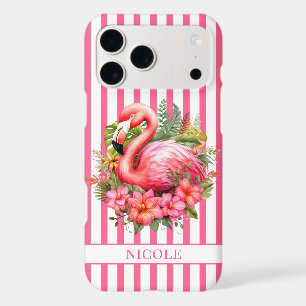Flamingo with Tropical Flowers on Stripes