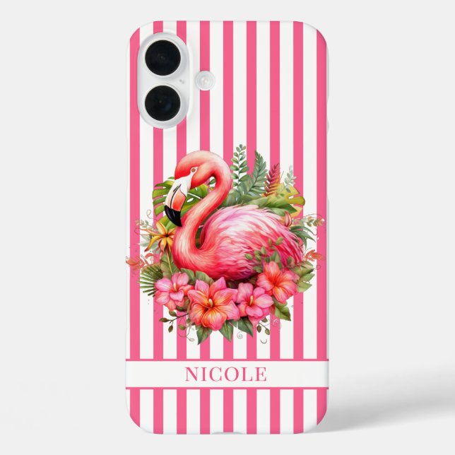 Flamingo with Tropical Flowers on Stripes Case-Mate iPhone Case (Back)