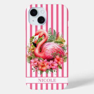 Flamingo with Tropical Flowers on Stripes iPhone 15 Case