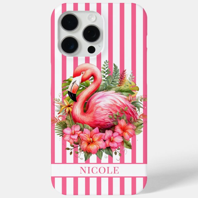 Flamingo with Tropical Flowers on Stripes Case-Mate iPhone Case (Back)