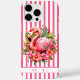 Flamingo with Tropical Flowers on Stripes iPhone 16 Pro Max Case