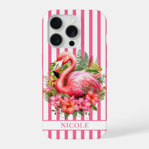 Flamingo with Tropical Flowers on Stripes iPhone 15 Pro Case