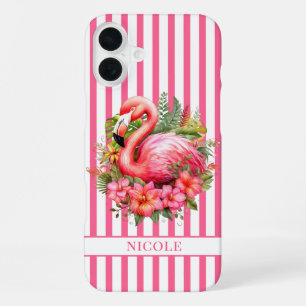 Flamingo with Tropical Flowers on Stripes iPhone 16 Plus Case