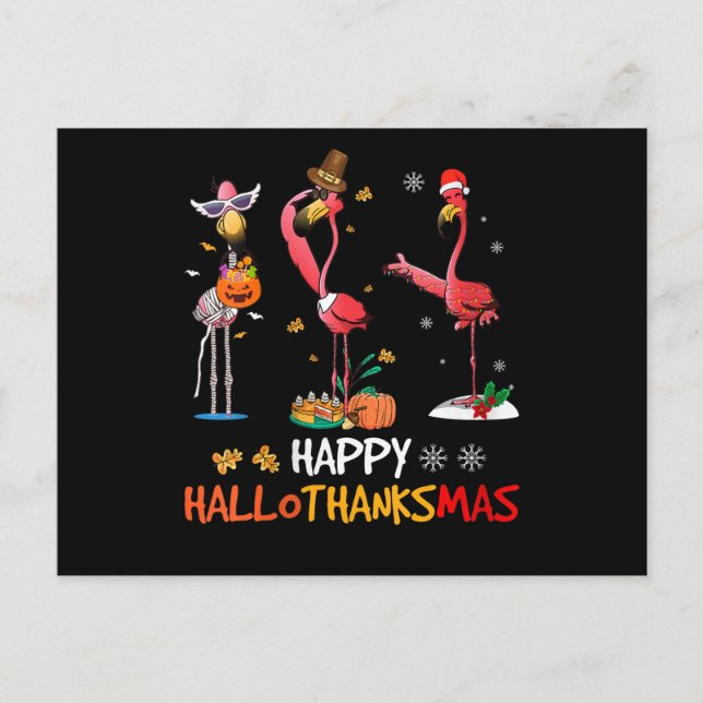 Flamingo | Womens Flamingo Happy HalloThanksmas Announcement Postcard (Front)