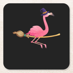 Flamingo Womens Funny Flamingo Witch Halloween Square Paper Coaster