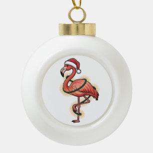 Flamingo Wrapped In Christmas Light Pink Bird    Ceramic Ball Christmas Ornament