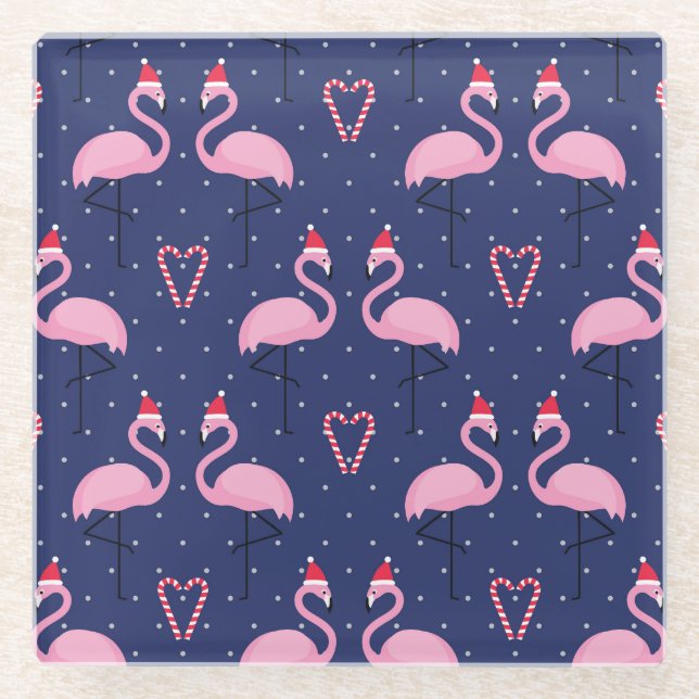 Flamingo Xmas Hat Candy Pattern Glass Coaster (Front)