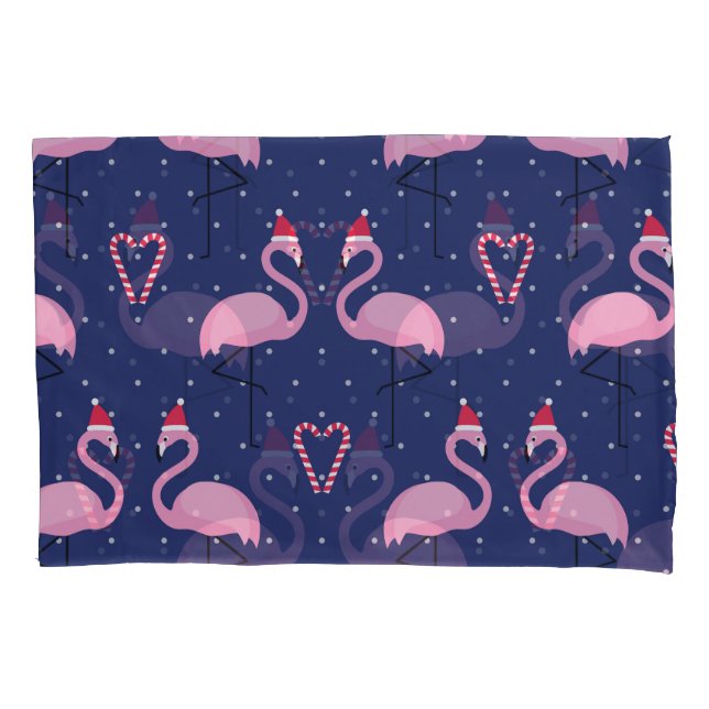Flamingo Xmas Hat Candy Pattern Pillowcase (Front)