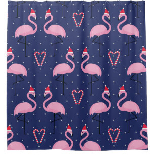 Flamingo Xmas Hat Candy Pattern Shower Curtain