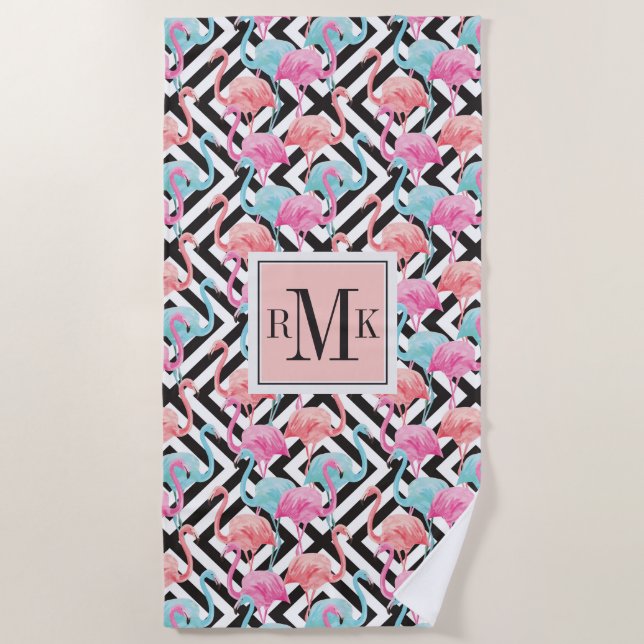 Flamingoes on Bold Design Pattern Beach Towel (Front)