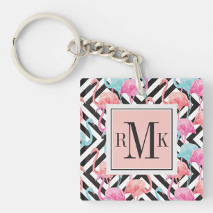 Flamingoes on Bold Design Pattern Key Ring