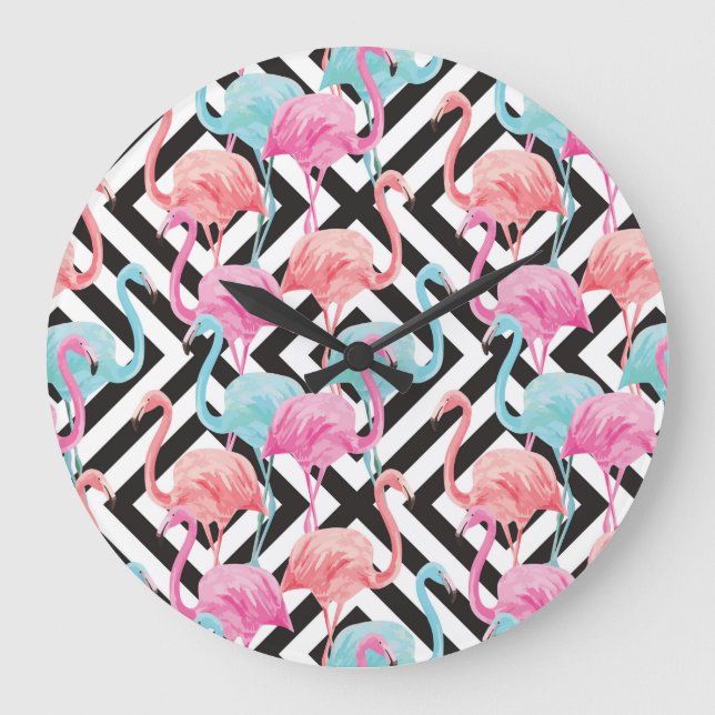 Flamingoes on Bold Design Pattern Large Clock (Front)