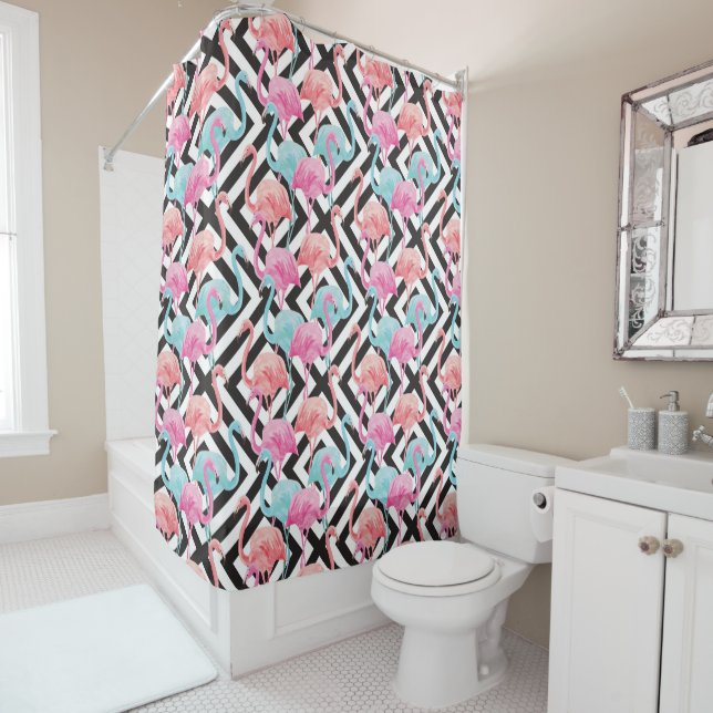Flamingoes on Bold Design Pattern Shower Curtain (In Situ)