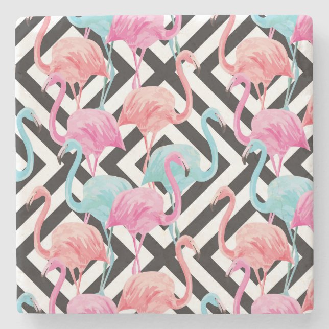 Flamingoes on Bold Design Pattern Stone Coaster (Front)