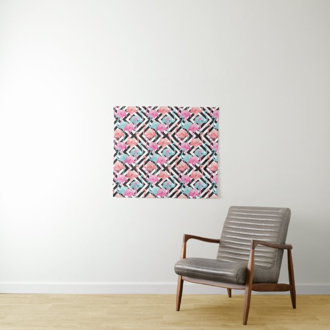 Flamingoes on Bold Design Pattern Tapestry (In Situ (Horizontal))