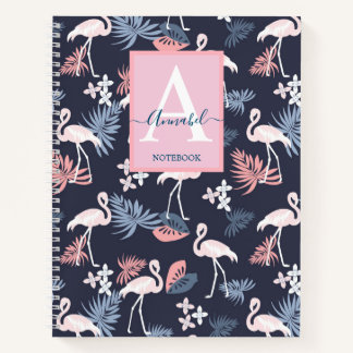 Flamingoes tropical leaves patterned Monogrammed Notebook