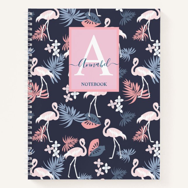 Flamingoes tropical leaves patterned Monogrammed   Notebook (Front)