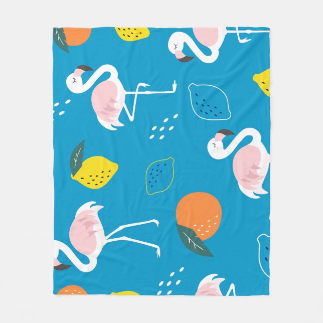 Flamingos, abstract tropical fruits, trendy patter fleece blanket (Front)