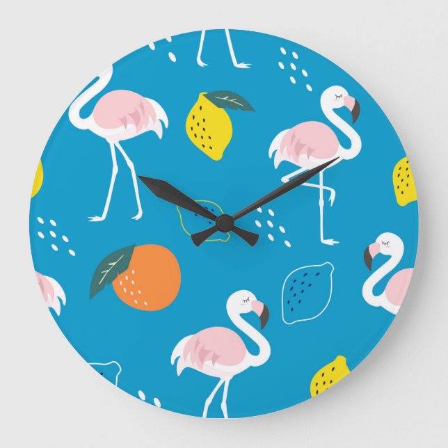 Flamingos, abstract tropical fruits, trendy patter large clock (Front)