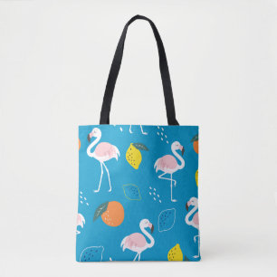 Flamingos, abstract tropical fruits, trendy patter tote bag