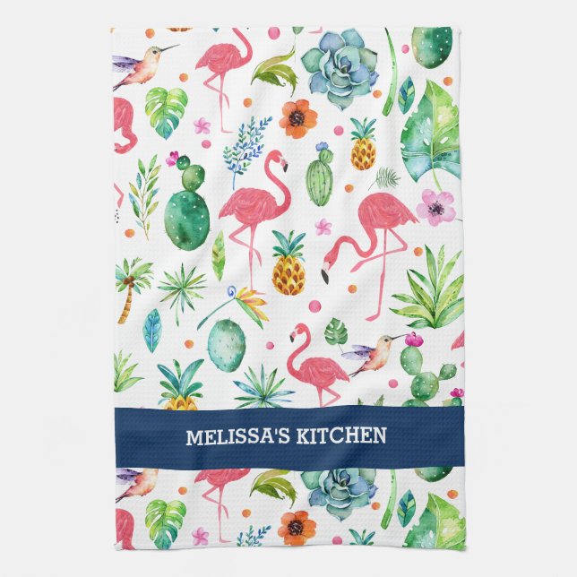 Flamingos And Colourful Tropical Pattern Tea Towel (Vertical)