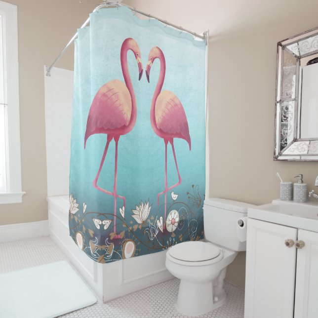 Flamingos and Flowers Shower Curtain (In Situ)