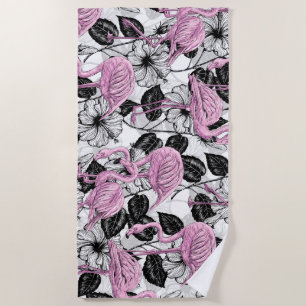 Flamingos and hibiscus flowers beach towel